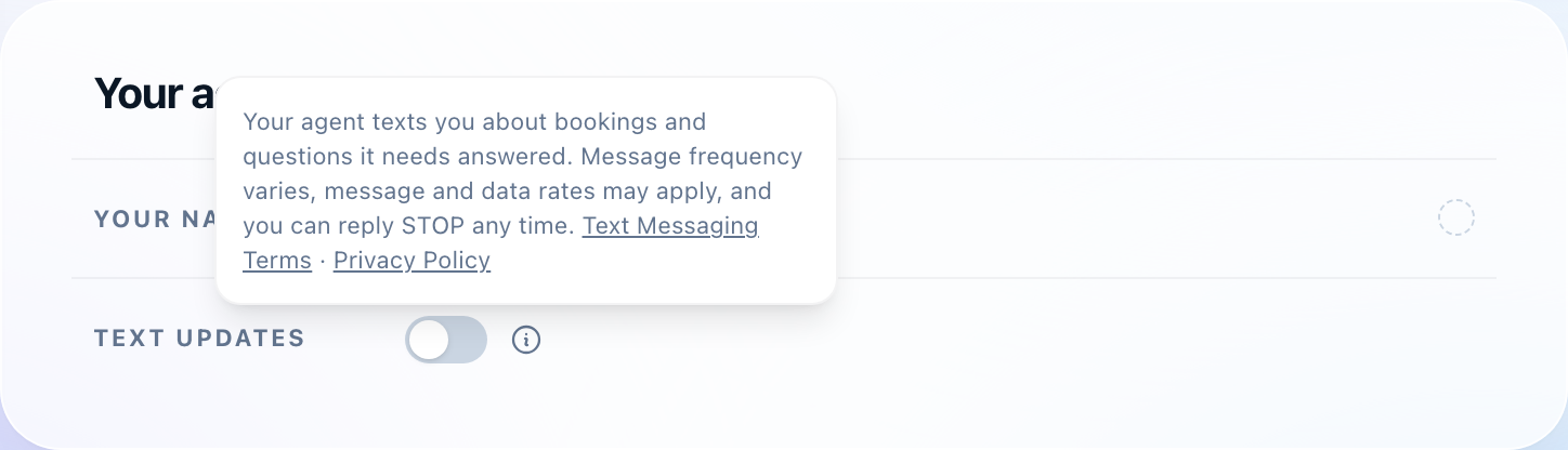 The consent disclosure open beside the Text updates toggle, with its links