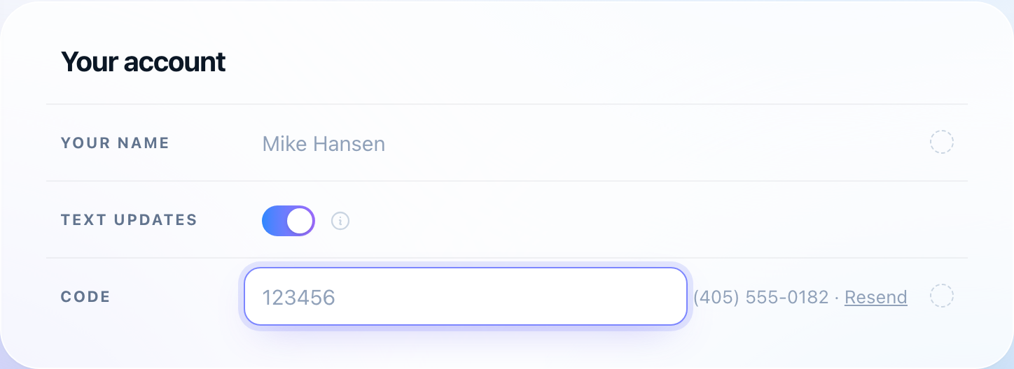 The dialog asking for the six-digit code sent to the number